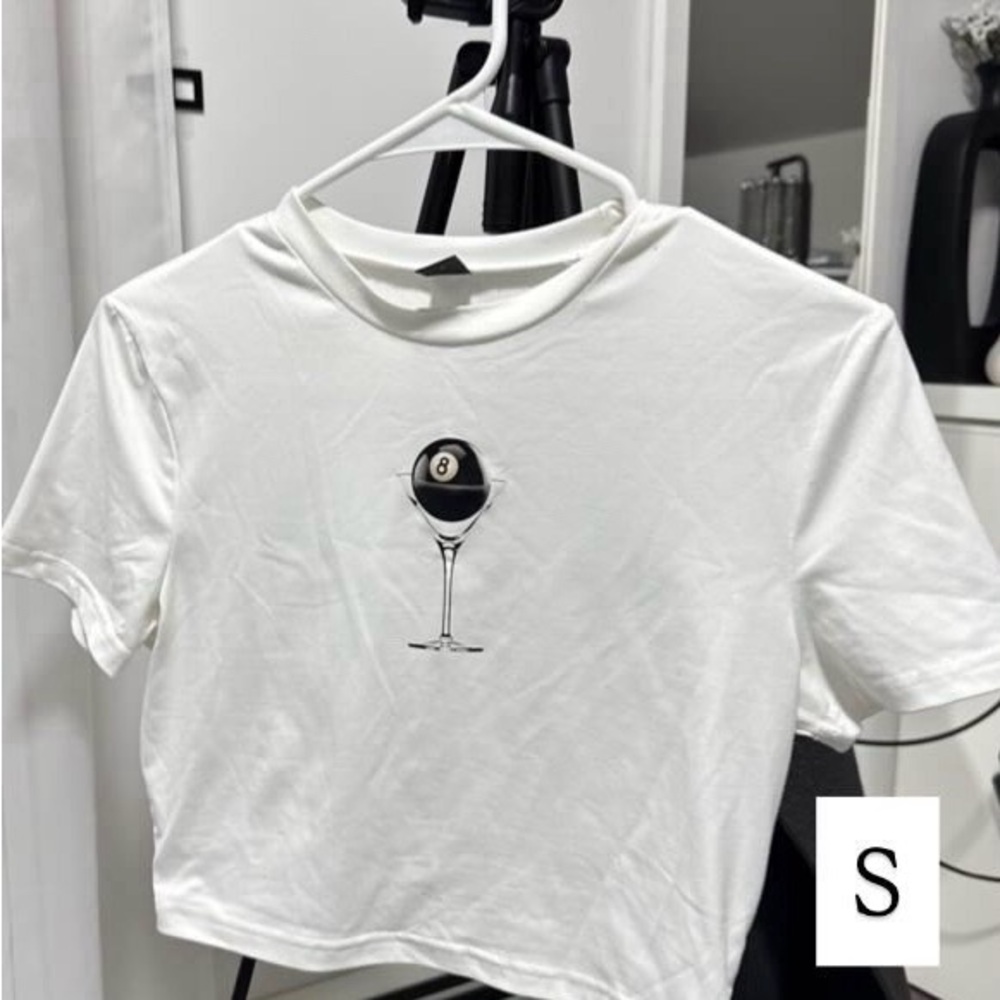 SHEIN White Crop Top with 8-Ball Graphic